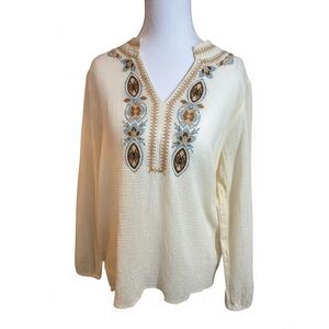 Spartina 449 Embroidered Boho Peasant Top Medium Ivory Textured Top